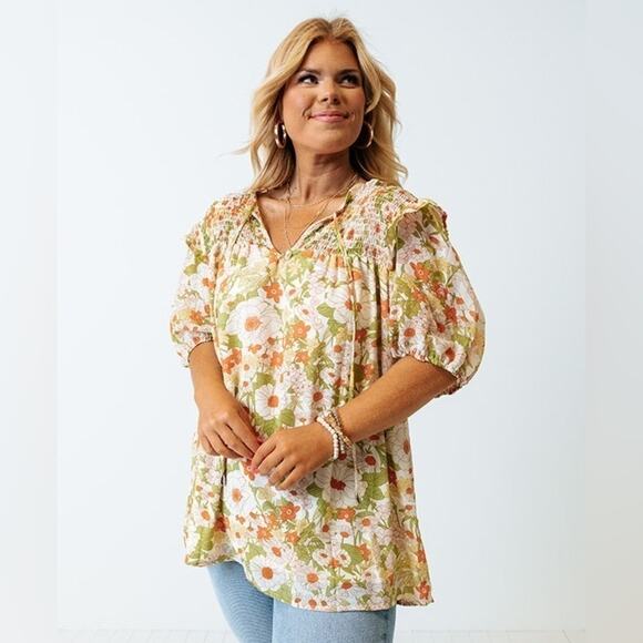 ENTRO | 70s Boho Floral Smocked Puff Sleeve Blouse Top | Medium - Picture 2 of 8